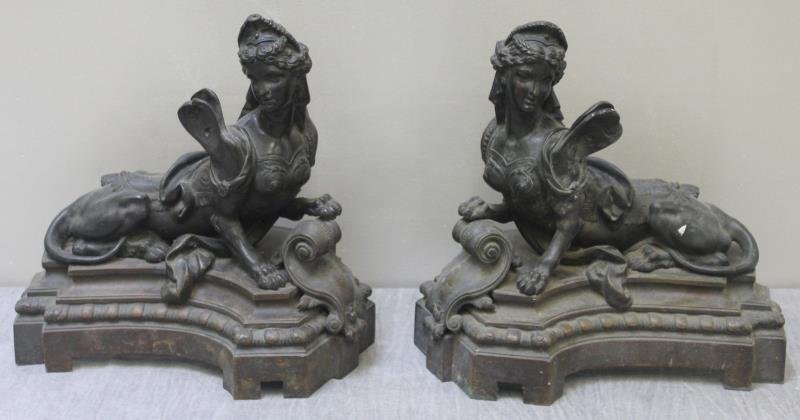 Unusual Pair of Antique Bronze Figural Chenets.: Signed Piat? Modeled as Madame du Barry or Pompadour. From a Scarsdale, NY estate. Dimensions: 13.25" w x 7" d x 13.5" h. Condition: Good.
