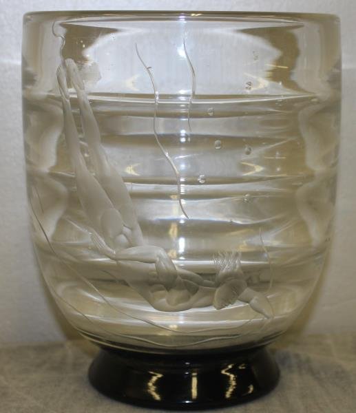 Orrefors "Pearl Diver" Black Footed Vase.: Signed on base and marked 'L 1304,34,hj.OF HU 97'. From a West 57th St NYC collection. Dimensions: Approx. 7.5" high x 6" dia. Condition: Good.