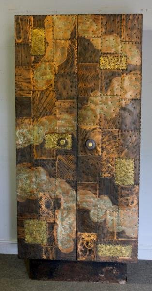 Large Paul Evans Midcentury Patchwork Cabinet.: Paul Evans Studio. Standing cabinet with beautiful copper patchwork overall. Two doors that open to painted grain interior and three patchwork drawers. Apparently unmarked. Dimensions: 36" w x 19.75"