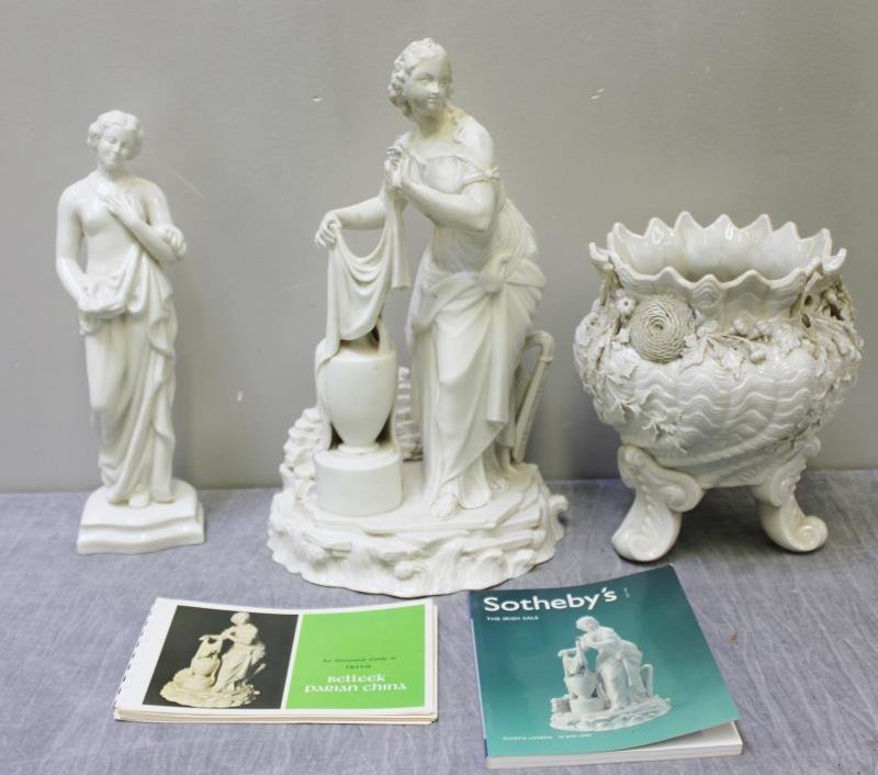 Lot of Beleek Including Parian Statue of "Erin".: With a repaired jardiniere decorated with undersea motif, and a green mark tall figure. Also with 2 reference books on Belleek. Statue of "Erin" with black mark. From a White Plains, NY estate. Dimens