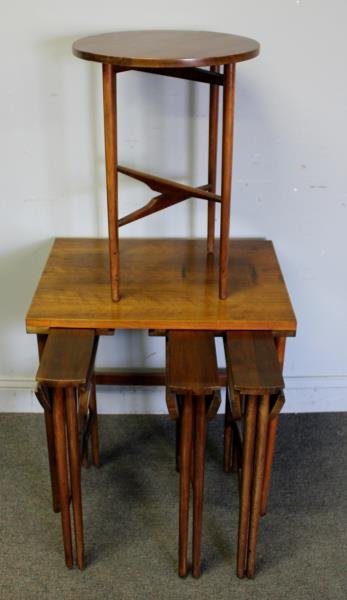Midcentury Bertha Schaefer Set of Nesting Tray Tables.: Apparently unmarked. Bertha Schaefer for Singer & Sons. With brass hinges. From a Larchmont, NY estate . Dimensions: 18" d x 24" w x 23" w. Condition: Used, scuffs, scratches, and some veneer losses .
