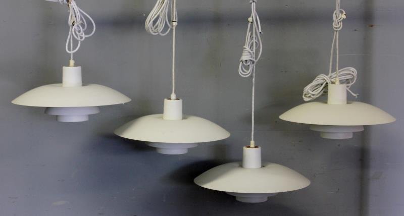 4 Danish Midcentury Fixtures by Louis Poulsen & Co: Labeled to each. From a Lower East Side, NYC estate. Dimensions: 17" w x 9" h fixture only. Condition: Good, need cleaning. Electrical components not guaranteed, cords cut.
