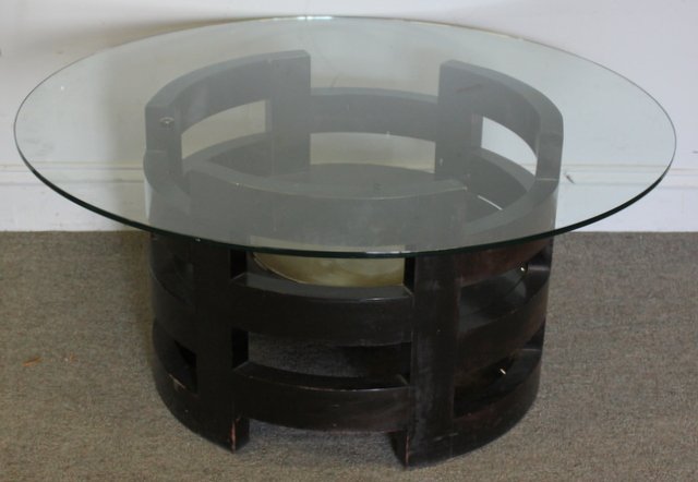 Midcentury Danish ? Glass Top Occasional: Table. Inset stainless steel tray in base reads Made in Denmark to underside. Table unmarked. From a Mamaroneck, NY estate. Dimensions: 38" diameter x 17.5" h.