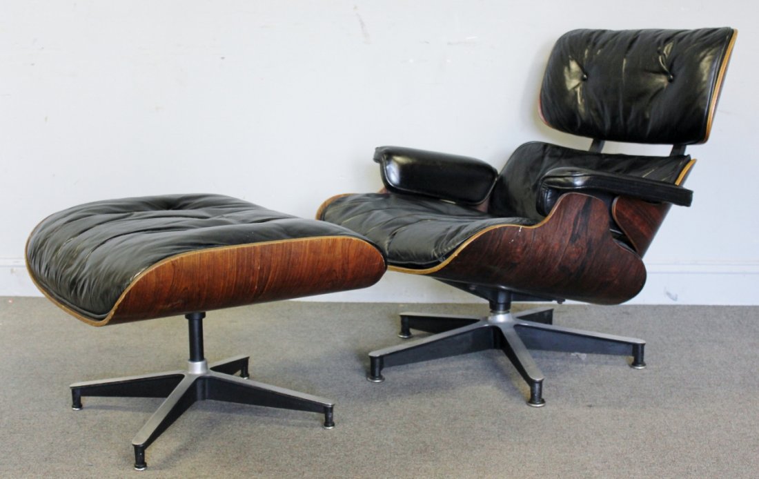Eames Rosewood 670 Lounge Chair and Ottoman.: Midcentury Ray & Charles Eames for Herman Miller. Unmarked. 670 lounge chair and 671 ottoman. From a White Plains, NY estate. Dimensions: Dimensions: 33" w x 32" d x 21" h; Ottoman - 26" w x 21" d x 1