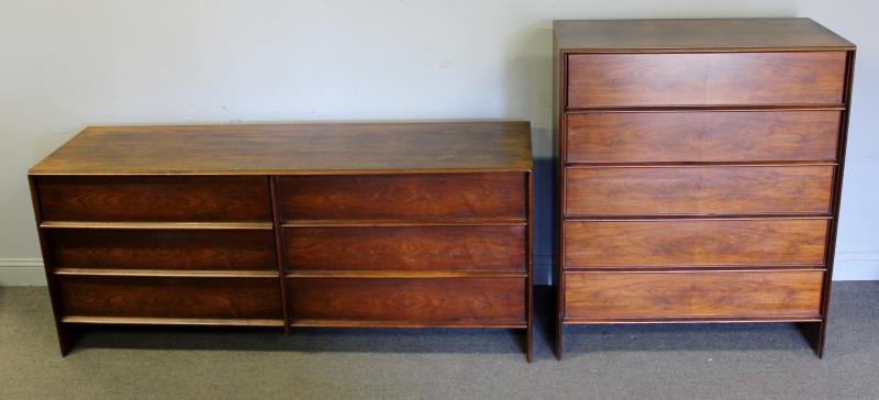 Midcentury T.H. Robsjohn-Gibbings for Widdicomb: Set of Chests. Includes a low chest of drawers and a tall chest of drawer. With set back center leg. Beautiful dark finish. Possibly originally for U.K. distribution. From a Queens, NY estate. Dimensi