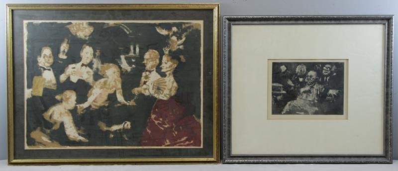 LEVINE, Jack. Two Signed Prints.: "Reception in Miami" - color lithograph, signed and numbered 54/120 lower right, image - 20.5" high x 28' wide. "Daley Gesture" - etching, pencil signed and numbered 69/120 below image, plate - 8.75" 