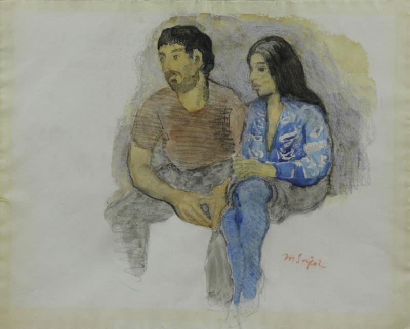SOYER, Moses. Watercolor on Paper. "Couple".: Signed lower right. Red chalk drawing of a reclinging couple on the reverse. Accompanied by a 1992 letter by the artist's son David Soyer confirming the authenticity. Moses Soyer (American, 1899 - 197