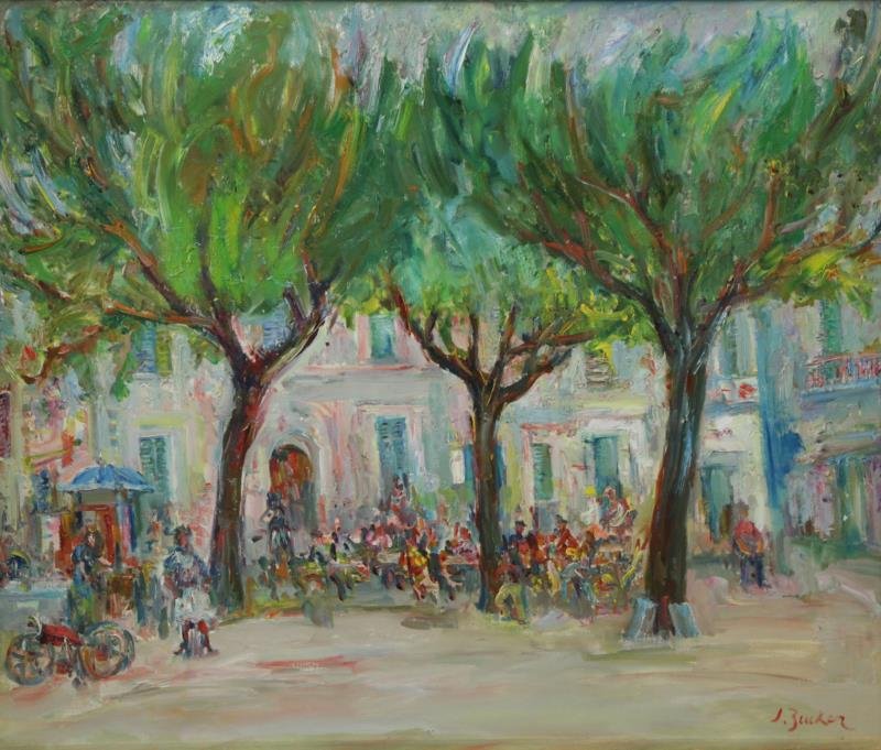 ZUCKER, Jacques. Oil on Canvas. Outdoor Cafe Scene: Signed lower right. Jacques Zucker (Polish/American, 1900 - 1981). From a Manhattan, NYC location. Dimensions: 24" high x 28" wide. Condition: Good, slight buckling to canvas.