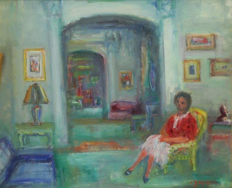 ZUCKER, Jacques. Oil on Paper/Board. Seated Woman: in an Interior. Signed lower right. Jacques Zucker (Polish/American, 1900 - 1981). From a Manhattan, NYC location. Dimensions: Sight - 18" high x 22" wide. Condition: Framed behind glass, not examined