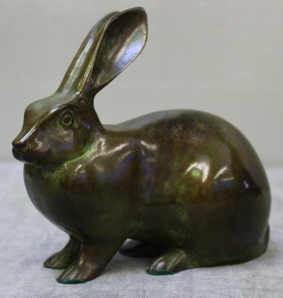 Signed Vintage Bronze Rabbit.: Signed, "Petersen", and further inscribed, "Susse freres ed Paris". Stamped, "Made in France" underneath. From a Tarrytown, NY estate. Dimensions: 6.5" w x 2.75" d x 5.5" h.