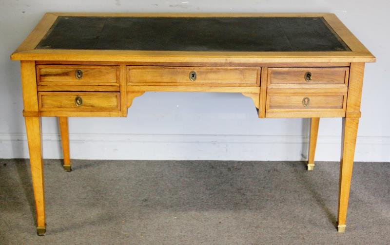Antique / Vintage French Leather Top Desk.: From a White Plains, NY home. Dimensions: 51" w plus two 11.5" pullouts x 27.5" d x 30" h.