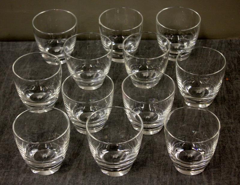 Set of 12 Steuben #7933 3.5" Old Fashioned Glasses: Each signed in script on the base. In a case. Together with a Steuben glass "Songbird". All designed by George Thompson. From a Manhattan, NY estate.
