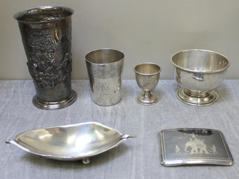 STERLING. Miscellaneous Hollow Ware Grouping.: Includes a Gorham pedestal bowl; a French silver cup with floral decoration to rim - signed Gerbe D'or Paris; Sciarotta leaf form footed bowl; a Birks sterling egg cup with etched floral design; a Ban