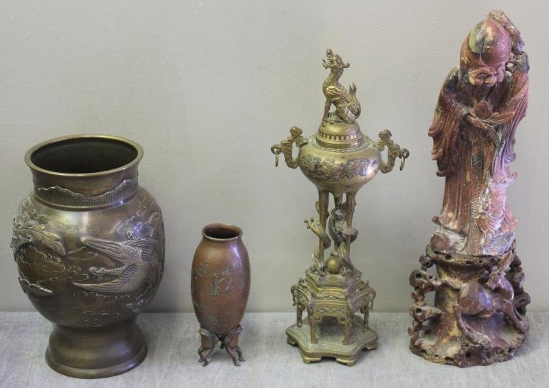 Asian Lot.: Includes a nice mixed metal lidded censor, a Japanese bronze vase, a copper frog base bud vase, and a two piece Chinese soapstone of Sha lou. From a Weston, CT estate. Dimensions: censor - 14.5" h; so