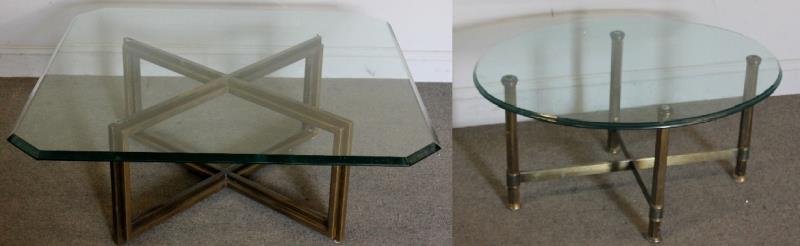 Midcentury Dunbar Style Bronze Coffee Table Lot.: With glass top. X Base coffee table together with smaller column and stretcher glass top coffee table. From a Queens, NY estate. Dimensions: Larger - 37" w x 41" d x 16" h; Oval - 14" h. Condition: Go
