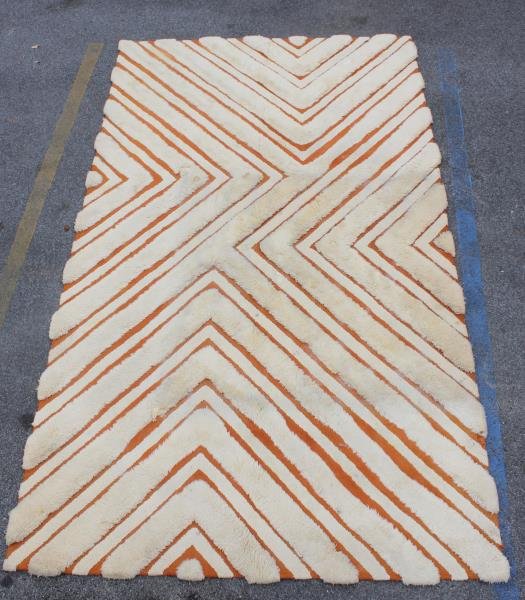 Vintage Edward Fields Sculpted Orange Carpet.: Labeled to reverse. From a Queens, NY estate. Dimensions: 7'8" x 11'8". Condition: Needs cleaning. Wear.