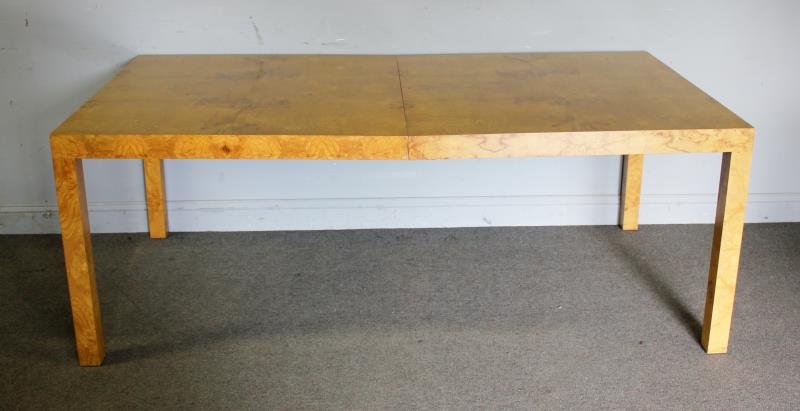 Midcentury Milo Baughman for Directional Dining: Table. Beautiful burled wood overall. Together with 2 12" leaves. From a White Plains, NY estate. Dimensions: 78" w x 42" d x 29.5" h without leaves. Condition: Good.