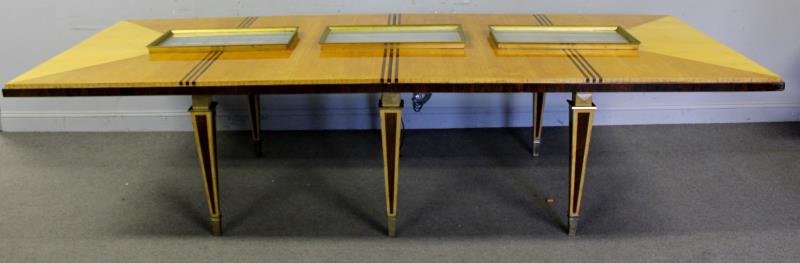 Art Deco Style Illuminated Dining Table.: Two tone and inlaid dining table with three central light panels. From a Palenville, NY estate. Dimensions: 121.5" x 48" x 30.5" high. Condition: Good.