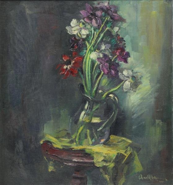 HOFFMANN, Arnold. Oil on Canvas. Still Life. Vase: Flowers. Signed and dated 1945 lower right. Arnold Hoffmann (Russian, active in New York, 1886 - 1966). From a Manhattan, NYC estate. Dimensions: 30" high x 27.75" wide. Condition: Heavy layer of surf