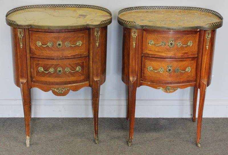 Pair of French Bronze Mounted Marble Top Stands.: Inlaid and banded. From a Scarsdale, NY estate. Dimensions: 24" w x 15.875" d x 31.25" h.