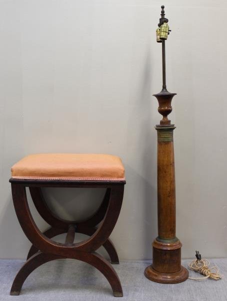 Antique Biedermeier Lot.: Includes a curule form ottoman, and a brass mounted column later turned in to a lamp. From a Westchester, NY estate. Dimensions: ottoman - 17" w x 19.5" h; lamp - 30.75" h (wood only).