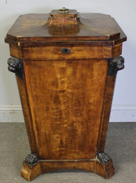 Good Antique Continental Oversize Cellarette(?).: Lions head and paw feet corner pilasters, square canted form. From an East 86th Street Storage Facility. Condition: Good original condition, a couple small veneer chips, no liner, no key but lock inta