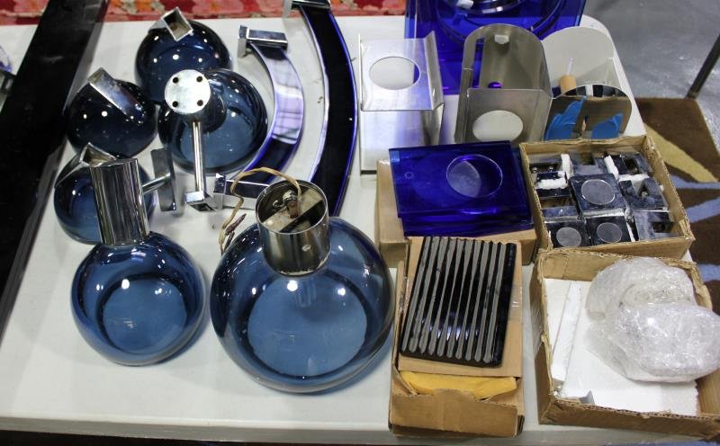 Large Lot of Fontana Arte Glass Fixtures.: A variety of quality midcentury Fontana Arte bathroom fixtures including, but not limited to, soap dishes, cup holders, towel bars, light fixtures, and all manner of shelves, brackets, etc. Blue and g