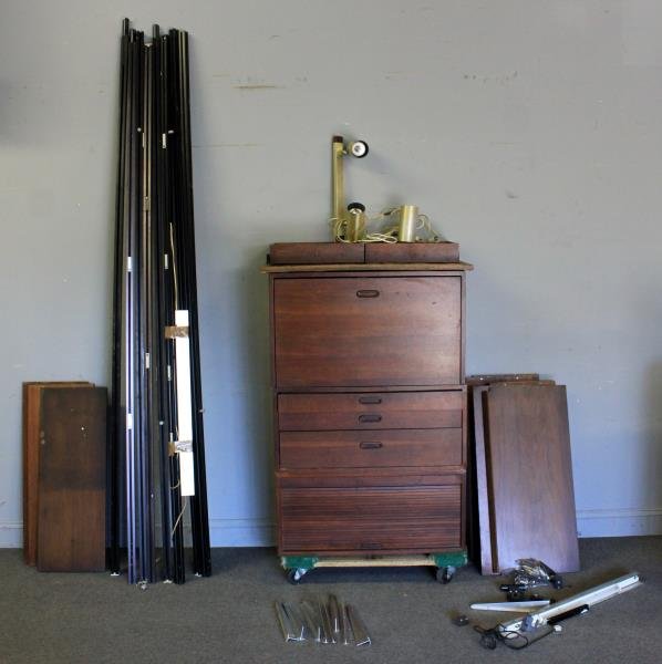 Midcentury George Nelson For Omni System Wall Unit: Shelves and drawer interior branded "Omni System." Lot includes a tambour door cabinet, a three drawer cabinet, and a drop front cabinet. Also with a shelf with two lower drawers and three can lamps.