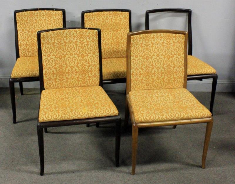 Midcentury Set of 5 T.H. Robsjohn-Gibbings Chairs.: Dining chairs. 4 refinished. One in original finish. Unmarked. Dimensions: 22" w x 19.5" d x 35" h.Condition: One missing backrest. Cushions loose but present.