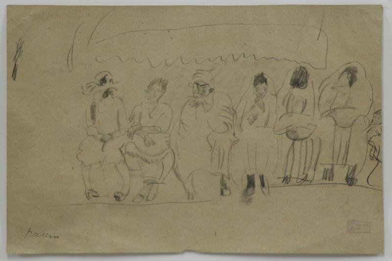 PASCIN, Jules. Pencil Drawing. Figures on a Bench.: Signed lower left with Atelier Pascin stamp lower right. Jules Pascin (French, 1885-1930). From an East 72nd St, NYC home. Dimensions: 6" high x 9.25" wide. Condition: Good, some light handling crease
