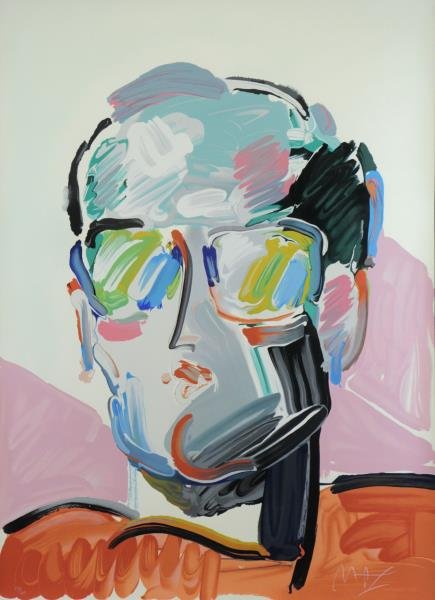 MAX, Peter. Large Serigraph, "Neoman".: Signed in white pencil lower right, numbered 230/300 lower left. Peter Max 1990 blind stamp lower left. Peter Max (American, b. 1937). From an East 72nd St, NYC home. Dimensions: 39.75" high x 29.75"