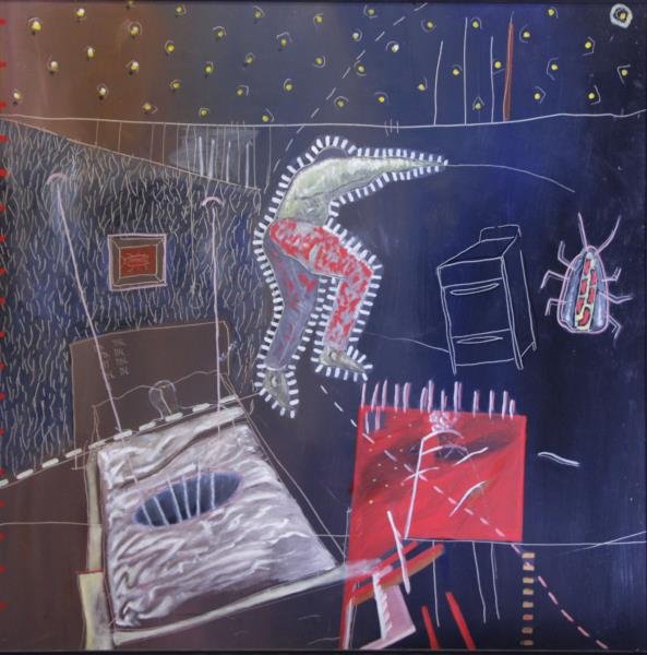 LOTENERO, Michael. Oil on Canvas. Surreal Interior: Scene with Figure. Not apparently signed. Lafond Gallery, Pittsburgh, PA label verso. Michael Lotenero, American, 20th/21st C. Dimensions: 48" high x 48" wide. Condition: Good, some light surface scuf