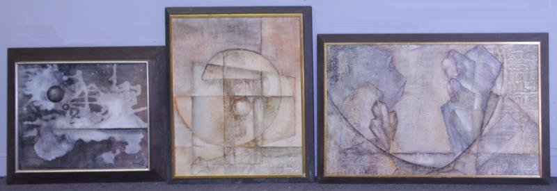 OLSSON, Johannes. Three 1971 Abstract Oils.: 1 oil on canvas, 2 oils on board. All signed and dated 1971 lower right. Johannes Olsson (Scandinavian, b.1945). From a New Canaan, CT estate. Condition: Vertical composition has scratch upper center.