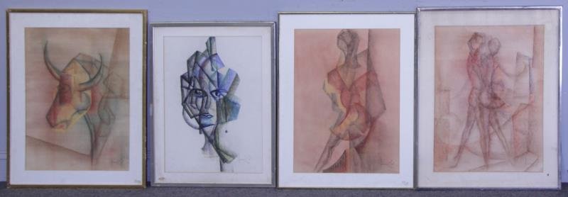 OLSSON, Johannes. Four 1972 Cubist Figural Pastels: All signed and dated 1972 lower right. Johannes Olsson (Scandinavian, b.1945). From a New Canaan, CT estate. Dimensions: Various from 22.25" high x 16.5" wide to 23.25" wide x 17.5" wide. Condition: F
