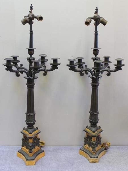Fine Quality Patinated Bronze & Marble Candlebra.: Nice and large with nice quality bronze work. From a West End Ave NYC estate. Dimensions: candelabra - 15" w x 30" h. Condition: Good.