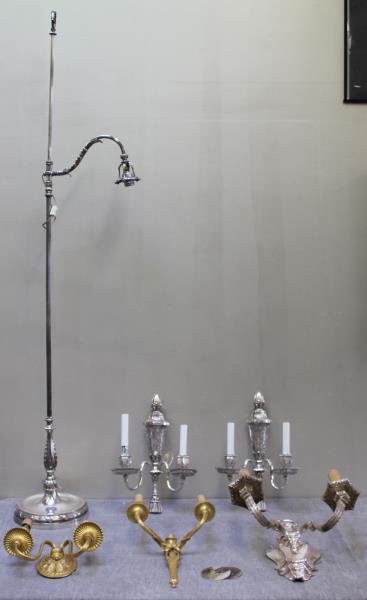 Miscellaneous Lighting Lot.: Includes a large signed Caldwell silverplate two arm sconce, a pair of antique silverplate sconces with urn and tassle design - marked indistinctly on back, an unmarked adjustable floor lamp, and two 