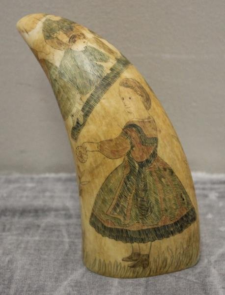 Antique Polychrome Scrimshaw Whales Tooth.: Unusual subject matter with a young woman and children planting flowers with chickens nearby. From a Stamford, CT home. Dimensions: 4.75" h. Condition: Good.