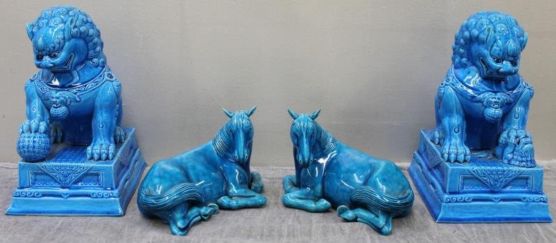 Vintage Chinese Turquoise Ceramic Lot.: Includes a pair of foo dogs, and a pair of recumbent horses. Stamped indistinctly. From a New Canaan, CT estate. Dimensions: foo dogs - 7.25" w x 5.5" d x 10" h; horses - 7.5" w x 4.5" d x 5.125" h. C