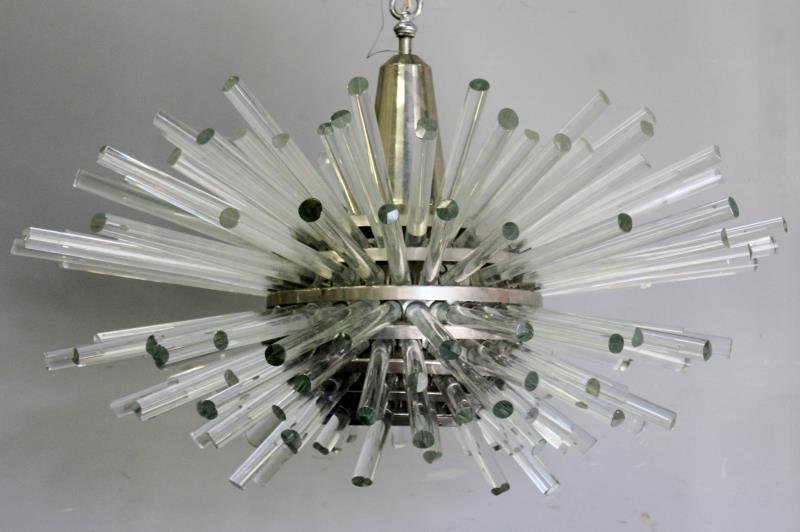 Bakalowits & Sohne "Miracle" Sputnik Chandelier.: Bakalowits & Sohne - Vienna, Austria, c. 1960s. Chandelier with glass rods and central mounts. From a Long Island, NY estate. Dimensions: 36" diameter x 24" h. Condition: Good original condition. One 