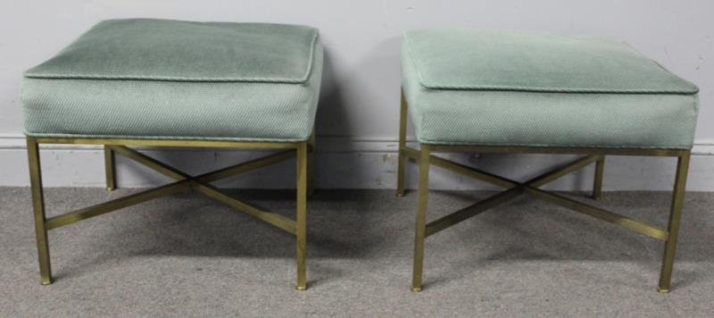 Pair of Midcentury Paul McCobb Brass & Upholstered: Ottomans. From a Mamaroneck, NY estate. Dimensions: 20" w x 20" d x 16" h.