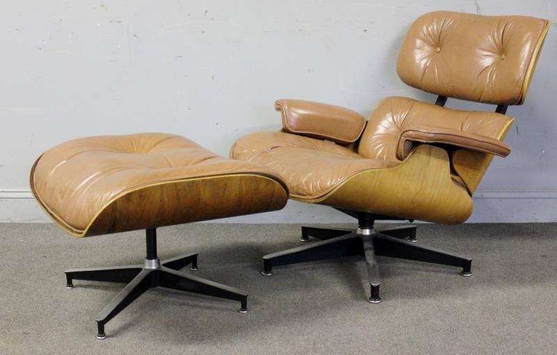 Early Midcentury Eames 670 / 671 Lounge Chair and: Ottoman. Light brown leather upholstery. Ray & Charles Eames for Herman Miller with early inspection label to chair. Ottoman labeled. From a Manhattan, NY estate. Dimensions: 33" w x 32" d x 31" h; 22