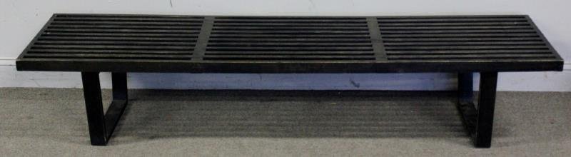 George Nelson for Herman Miller Long Slat Bench.: Midcentury slat bench in black. Labeled to underside. From a Manhattan, NY estate/ Dimensions: 72.25" w x 19" d x 14" h. Condition: Good vintage condition with minor wear.