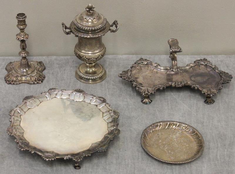 STERLING. Antique English Hollow Ware Grouping.: Includes an antique English silver candlestick - with London city marks, a maker's mark of WG most probably representing William Gould, with a date letter of lower case b; a miniature lidded pedestal 