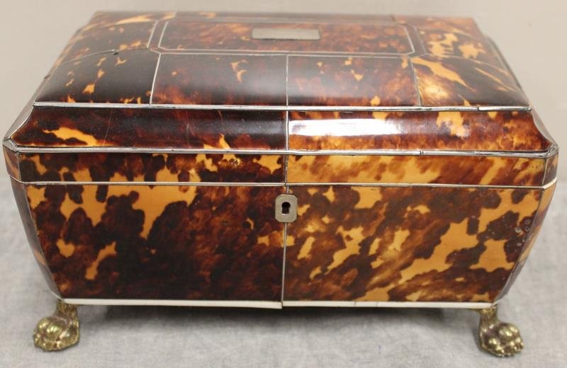 Antique English Tortoise Shell Jewelry Box ?: A nice box with leather and cloth liner, silver inlay,and raised on brass paw feet. From a Harrison, NY estate. Dimensions: 10" w x 7" d x 5.25" h.