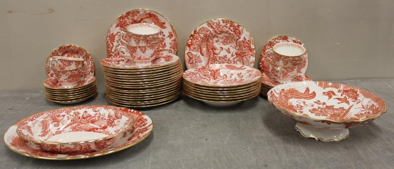 Royal Crown Derby "Red Aves " Porcelain Lot.: Includes eighteen 18.25" plates, eight 8.5" bowls, eight 5.75" saucers ,eight 6.25" plates, 8 cups, one 10" x 3" h tazza, 1 platter 12.75" x 10.75" and a bowl 9.75" x 7.5". From a Harrison, NY estate.