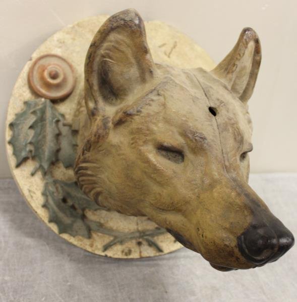 Rare and Unusual Cold Painted Cast Iron Fox.: Possibly an antique advertising sign. From a Harrison, NY estate. Dimensions: 15.5" diameter at base x 14" from base to snout.