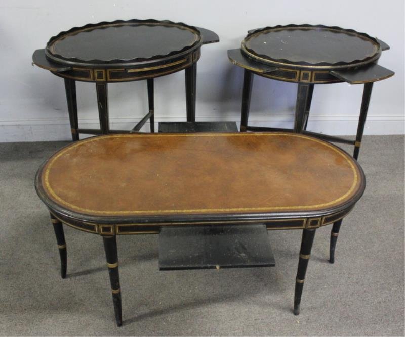 Vintage Irwin Furniture Suite.: Includes a leather top coffee table and a pair of galleried end tables. Ebonized and gilded, all with pull out slides. From a Larchmont, NY home. Dimensions: Coffee table - 42" w x 20.25" d x 18.5" h,