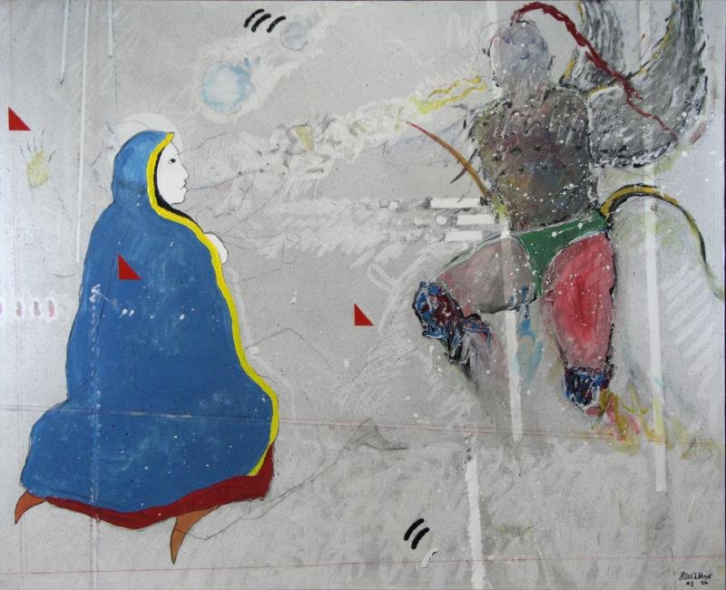LEE WHITE, Randy. Mixed Media on Canvas "The: Messenger". Oil and charcoal on canvas. Signed and dated 84 lower right. Allene Lapides Gallery, Sante Fe, NM label with $14,00 price listing affixed verso, inventory label and artist's copyright stam