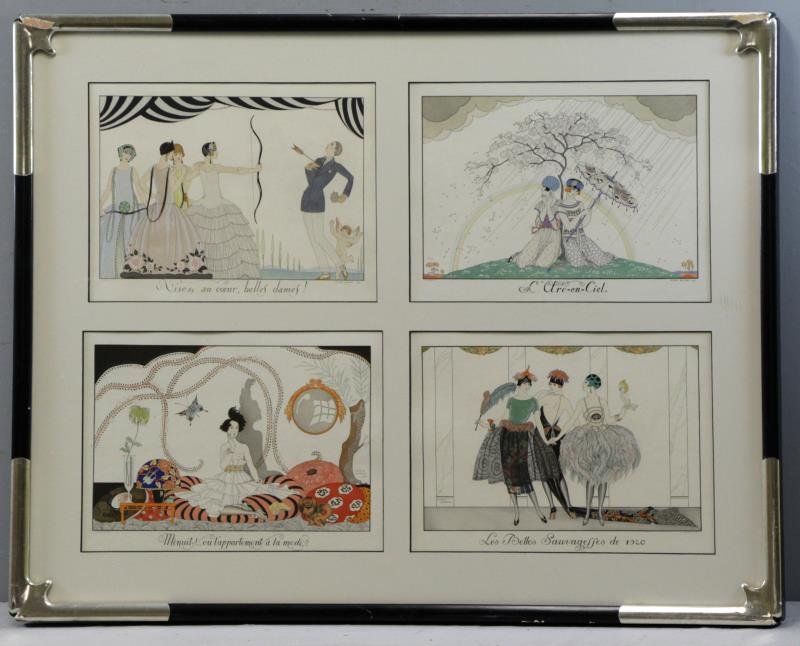 BARBIER, Georges. 4 Plates From "Le Bonheur du: Jour, ou Les Graces à la Mode". Colored in pochoir by Henri Reidel after George Barbier. All four images are mounted and framed together. George Barbier (French, 1882–1932). From a Bedford, NY esta