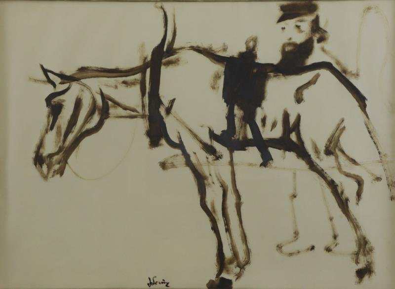 LEVINE, Jack. Ink Wash. Man with Horse.: Signed lower right. Christie's stamp verso. Jack Levine (American, 1915 - 2010). From a Westport, CT estate. Dimensions: Sight - 20.75" high x 29" wide. Condition: Good, framedbehind glass, not examin